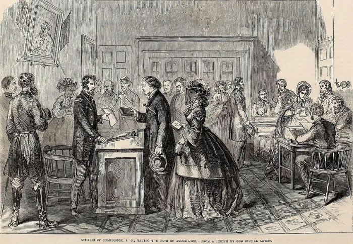 Framed Print : Citizens of Charleston, South Carolina, taking the loyalty oath, in late March or early April 1865. The oaths were administered by officers of the Union Army (BSLOC_2019_5_126)