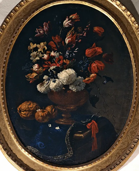 Framed Print : Cittadini Pier Francesco, Flowerpot with Chrysanthemums, Narcissuses, Tulips and Fruits (apple, pomegranate pumpkin) on a Table Covered with a Fringe-edged Rug, 1670 - 1680