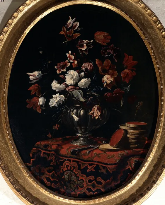 Framed Print : Cittadini Pier Francesco, Flowerpot with Roses, Peonies and Tulips, Cutlery and Sweets on a Table Covered with an Oriental Rug, 1670 - 1680, 17th Century, oil on oval canvas Framed Print : Cittadini Pier Francesco, Flowerpot with Roses, Peonies and Tulips, Cutlery and Sweets on a Table Covered with an Oriental Rug, 1670 - 1680, 17th Century, oil on oval canvas