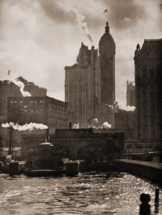 Framed Print : THE CITY OF AMBITION (1910), by Alfred Stieglitz, is a soft focus, pictorialist image of the New York City waterfront and skyscrapers. Photogravure from CAMERA WORK, no. 36, 1911