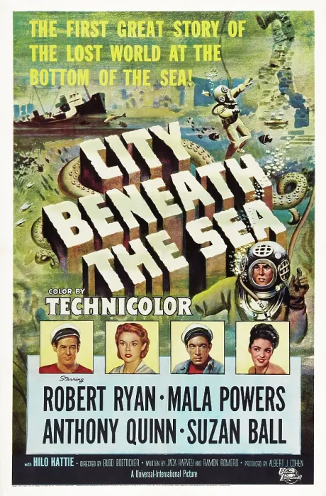 Framed Print : CITY BENEATH THE SEA, bottom from left: Robert Ryan, Mala Powers, Anthony Quinn, Suzan Ball, 1953 Framed Print : CITY BENEATH THE SEA, bottom from left: Robert Ryan, Mala Powers, Anthony Quinn, Suzan Ball, 1953