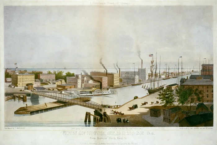 Framed Print : The City of Chicago in 1861. Chicago Harbor with street traffic ships warehouses and the Rush Street Bridge