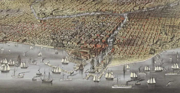 Framed Print : The City of Chicago in 1874. Chicago Harbor is built up with train tracks warehouses and docks for sail and steam ships. A Chrystal Palace adorns Grant Park Framed Print : The City of Chicago in 1874. Chicago Harbor is built up with train tracks warehouses and docks for sail and steam ships. A Chrystal Palace adorns Grant Park
