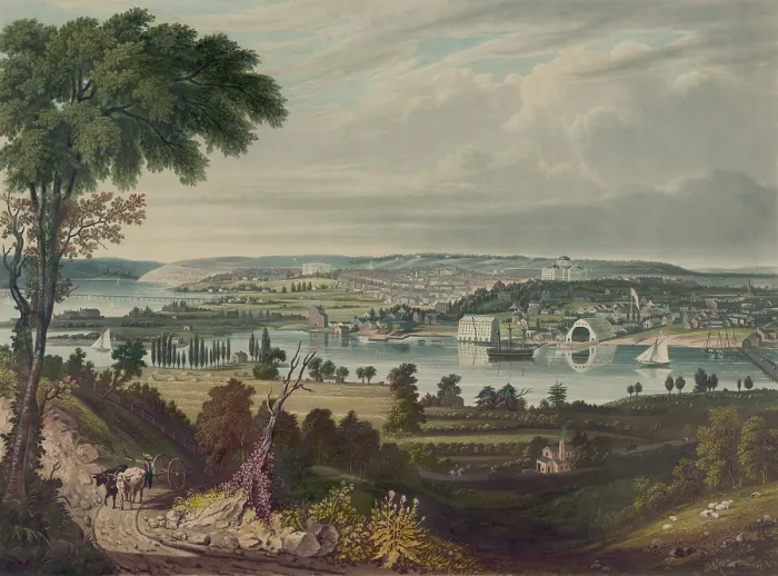 Framed Print : The city of Washington DC from Anacostia, as it was in 1834, showing the Navy Yard and Capitol at right, the Arsenal and White House at left