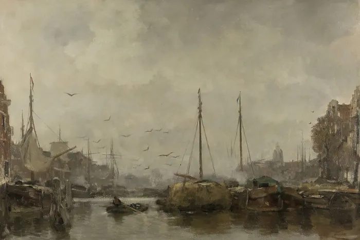Framed Print : Cityscape, by Jacob Maris, c. 1885-87, Dutch painting, oil on canvas. View of the port of a Dutch city with boats moored to the quays, gulls above the water, and grey clouds Framed Print : Cityscape, by Jacob Maris, c. 1885-87, Dutch painting, oil on canvas. View of the port of a Dutch city with boats moored to the quays, gulls above the water, and grey clouds