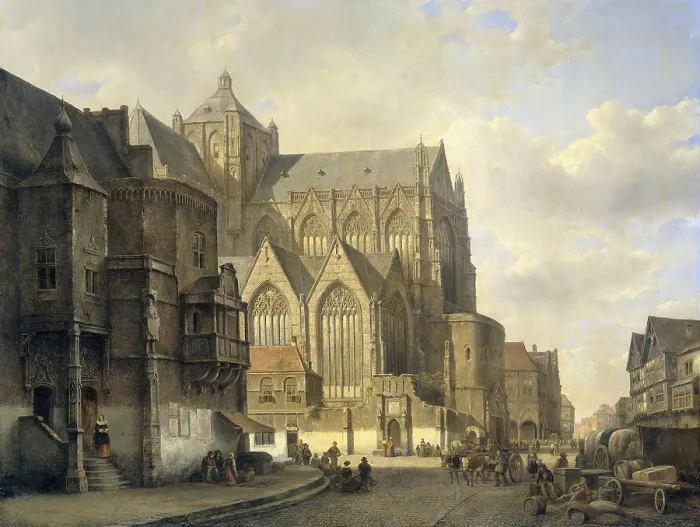 Framed Print : Cityscape, by Kasparus Karsen, c. 1840-80, Dutch painting, oil on canvas. Imaginary cityscape with buildings and Gothic cathedral in a square