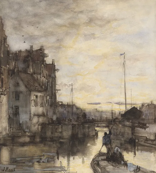 Framed Print : Cityscape at Night, by Jacob Maris, c. 1870-90, Dutch watercolor painting. Man propelling his boat with a pole through the canals of a Netherlands city (BSLOC_2016_2_47) Framed Print : Cityscape at Night, by Jacob Maris, c. 1870-90, Dutch watercolor painting. Man propelling his boat with a pole through the canals of a Netherlands city (BSLOC_2016_2_47)