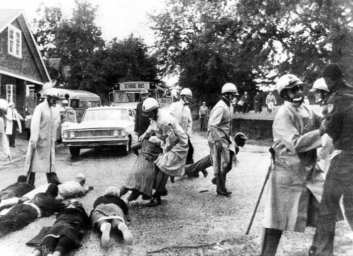 Framed Print : CIVIL RIGHTS, Crawfordville, Georgia, Black demonstrators block school buses carrying white students after the protestors were refused passage aboard the buses. October 1, 1965