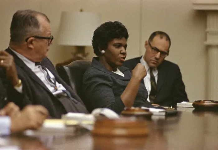 Framed Print : Civil Rights leaders at a White House meeting. L-R: Andy Biemillier, Legislative Director, AFL-CIO; Texas State Senator Barbara Jordan, John Doar, Civil Rights Division, Dept