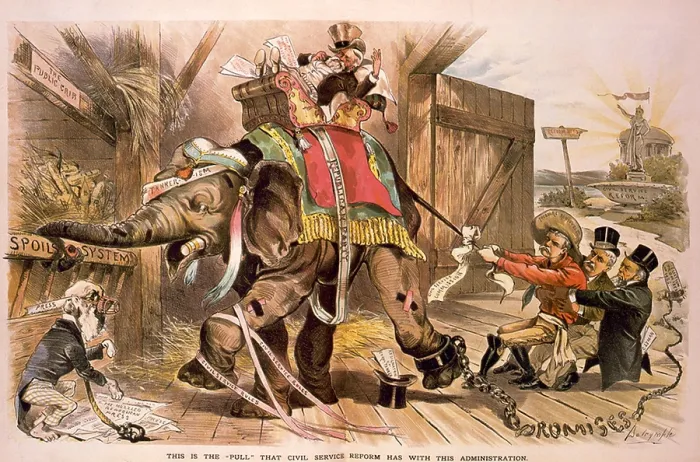 Framed Print : Civil Service Commissioners, Theodore Roosevelt, Thompson, and Charles Lyman exerting their pull. PUCK Magazine cartoon of Oct