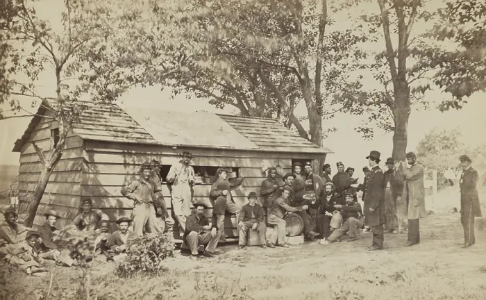 Framed Print : US Civil War, 1861-1865. Group of officers, soldiers, and African Americans gathered at a sutler's store Framed Print : US Civil War, 1861-1865. Group of officers, soldiers, and African Americans gathered at a sutler's store