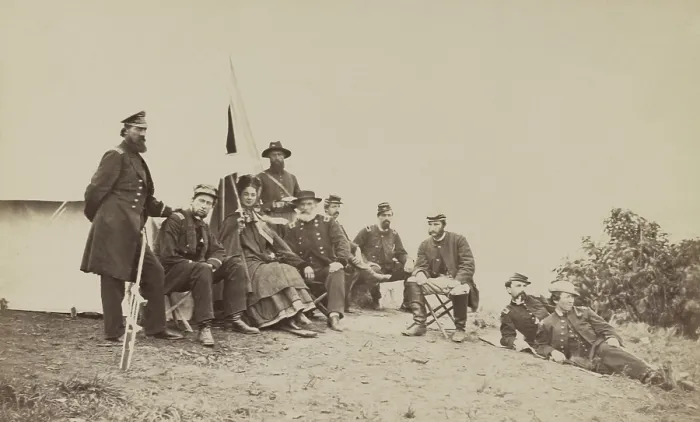 Framed Print : US Civil War, 1861-1865. Kate Chase Sprague with Gen. J. J. Abercrombie and staff at Union army camp. Kate Chase Sprague was daughter of Treasury Secretary Salmon P