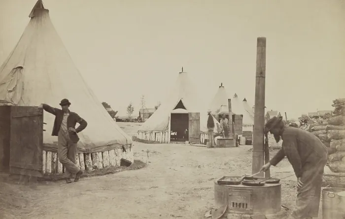 Framed Print : US Civil War, 1861-1865. Two Union soldiers cook on outdoor stoves at the Camp of 153rd New York Infantry