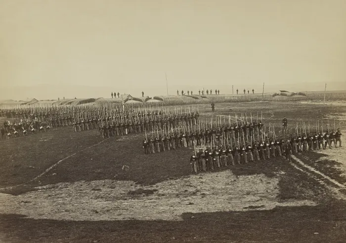 Framed Print : US Civil War, 1861-65. 36th Pennsylvania Infantry drills with a military band, and officers on horseback. In the background are artillery positions in a fort (BSLOC_2018_8_159)