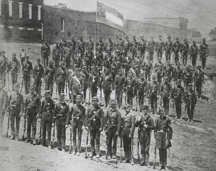 Framed Print : US Civil War, 1861. Confederate soldiers of the Sumter Light Guards, Company K, 4th Regiment Georgia Volunteer Infantry, drill in April 1861 (BSLOC_2018_8_162) Framed Print : US Civil War, 1861. Confederate soldiers of the Sumter Light Guards, Company K, 4th Regiment Georgia Volunteer Infantry, drill in April 1861 (BSLOC_2018_8_162)