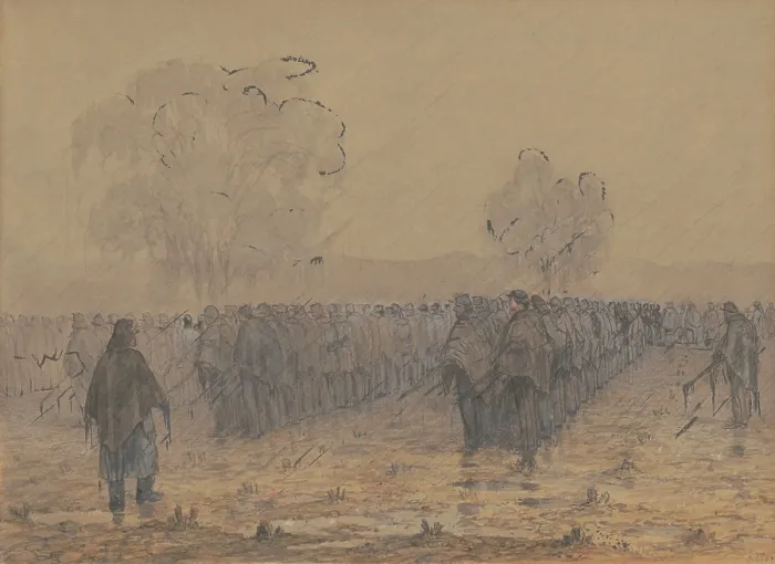 Framed Print : US Civil War, 1862. Company B, 8th Regiment, Pennsylvania, waiting in the rain for railroad cars to take them to Hagerstown, Maryland Framed Print : US Civil War, 1862. Company B, 8th Regiment, Pennsylvania, waiting in the rain for railroad cars to take them to Hagerstown, Maryland