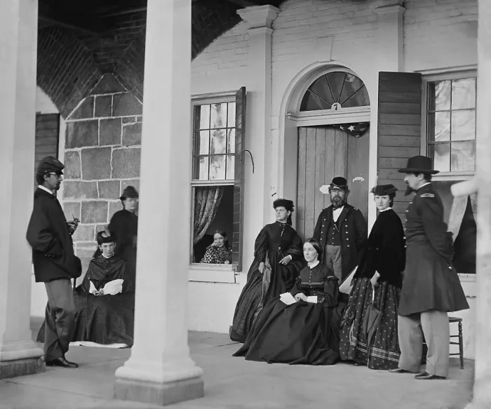 Framed Print : US Civil War, 1864. Officers and ladies visit on the porch of a garrison house at Fortress Monroe, Virginia (BSLOC_2018_8_188)