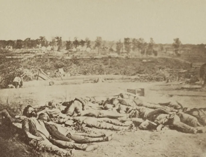 Framed Print : US Civil War, 2nd Battle of Corinth, Mississippi, Oct. 3-4, 1862. Confederate dead lay gathered at the bottom of the parapet of Battery Robinett on Oct. 5th. Confederate Col