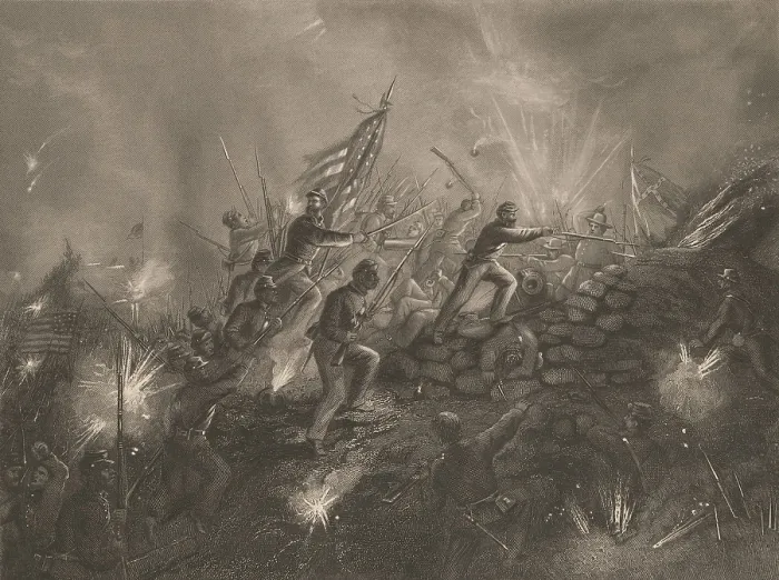 Framed Print : US Civil War. 2nd Battle of Fort Wagner, July 18, 1863. African American troops of the 54th Massachusetts, charge toward the Confederate defenders at great disadvantage