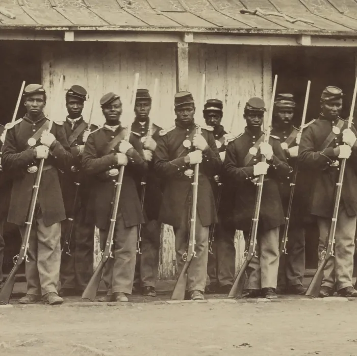 Framed Print : Civil War African American guards of the 107th U.S. Colored Infantry, Nov. 1865. They are standing in front of the Fort Corcoran Guard House in Arlington, VA, Nov