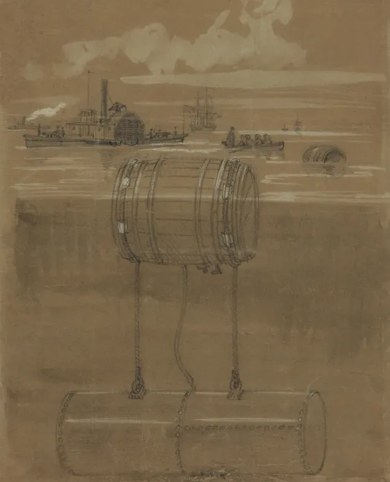 Framed Print : US Civil War. Alfred R. Waud drawing of infernal machines discovered in the Potomac River in July 1861 Framed Print : US Civil War. Alfred R. Waud drawing of infernal machines discovered in the Potomac River in July 1861