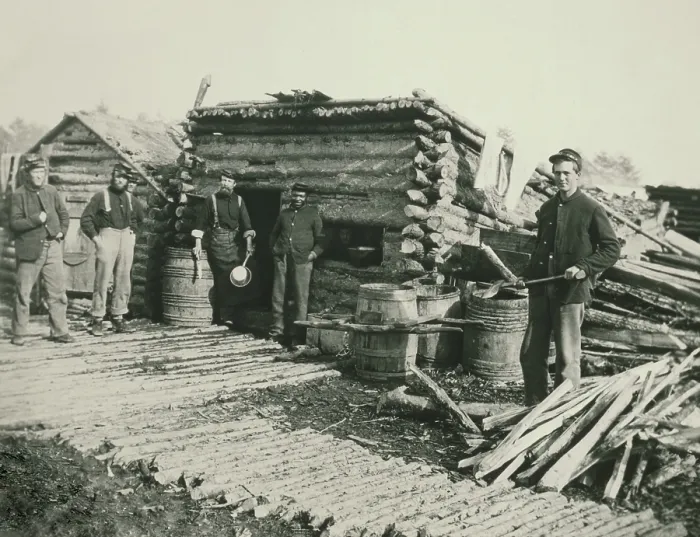 Framed Print : US Civil War, April 1864. Union soldiers in front of the company kitchen, at the camp of the 6th New York Artillery, at Brandy Station, Virginia Framed Print : US Civil War, April 1864. Union soldiers in front of the company kitchen, at the camp of the 6th New York Artillery, at Brandy Station, Virginia