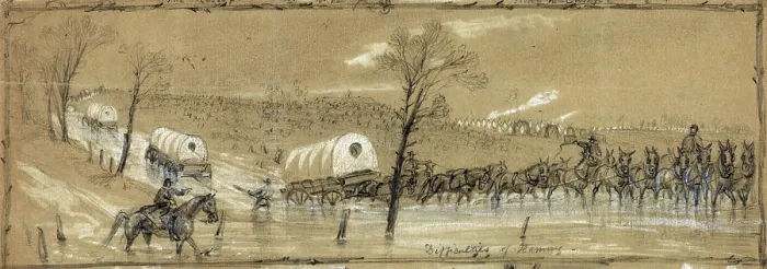 Framed Print : The Civil War. Why the Army of the Potomac doesn't move. Teamsters lead horse and wagons through snow and mud, February, 1862. Drawing by Alfred Waud. 1862 Framed Print : The Civil War. Why the Army of the Potomac doesn't move. Teamsters lead horse and wagons through snow and mud, February, 1862. Drawing by Alfred Waud. 1862