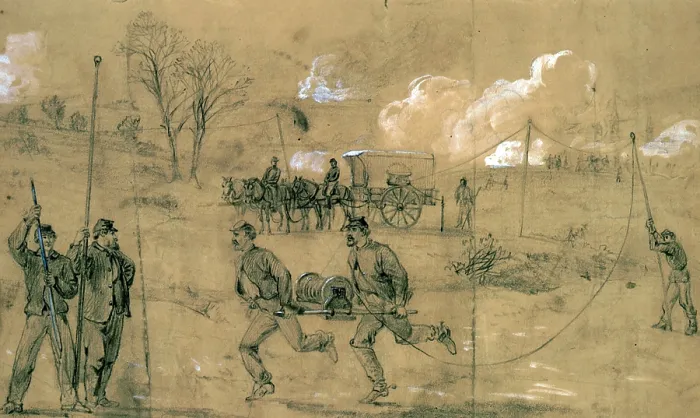 Framed Print : The Civil War. The Army telegraph - setting up the wire during the battle of Fredericksburg, Va. Pencil drawing by Alfred Waud, Dec. 1862 Framed Print : The Civil War. The Army telegraph - setting up the wire during the battle of Fredericksburg, Va. Pencil drawing by Alfred Waud, Dec. 1862