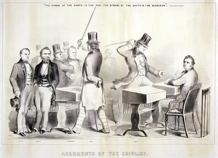 Framed Print : The Civil War, The attack and severe beating of Massachusetts senator Charles Sumner by Representative Preston S. Brooks of South Carolina. Cartoon by Winslow Homer, 1856 Framed Print : The Civil War, The attack and severe beating of Massachusetts senator Charles Sumner by Representative Preston S. Brooks of South Carolina. Cartoon by Winslow Homer, 1856