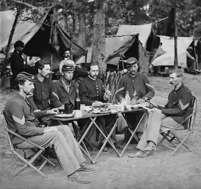 Framed Print : US Civil War, August 1863. Noncommissioned officers mess of Company D, 93rd Virginia, Union Army of Potomac. Photo by Timothy OSullivan, (BSLOC_2018_8_180)