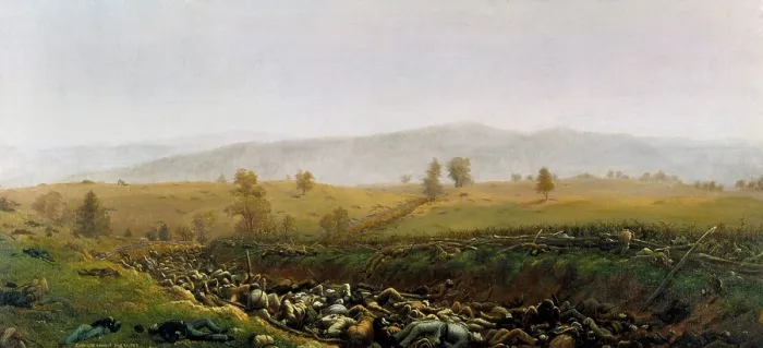 Framed Print : US Civil War. Battle of Antietam, also called Battle of Sharpsburg, Sept. 17, 1862. AFTERMATH AT BLOODY LANE, a painting by Captain James Hope, of the 2nd Vermont Infantry