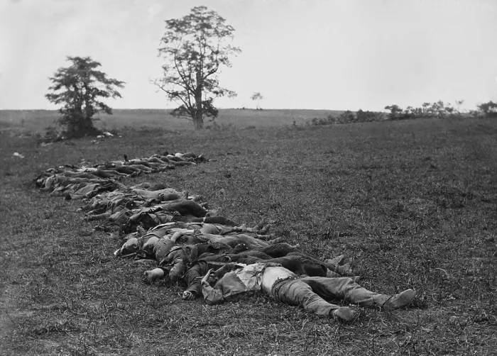 Framed Print : US Civil War. Battle of Antietam, also called Battle of Sharpsburg, Sept. 17, 1862. Confederate dead gathered for burial. Photo taken Sept