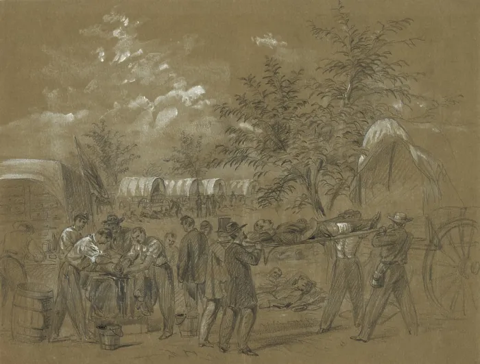 Framed Print : US Civil War. Battle of Antietam, also called Battle of Sharpsburg, Sept. 17, 1862. Citizen volunteers help lift a stretch with a wounded soldier into an army Ambulance Framed Print : US Civil War. Battle of Antietam, also called Battle of Sharpsburg, Sept. 17, 1862. Citizen volunteers help lift a stretch with a wounded soldier into an army Ambulance