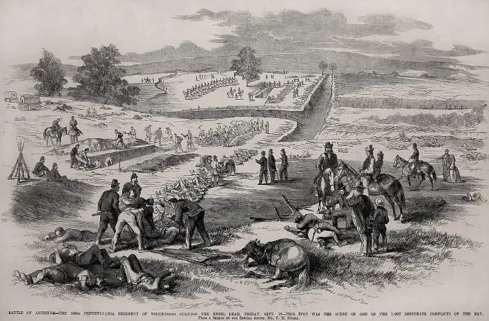 Framed Print : US Civil War. Battle of Antietam, also called Battle of Sharpsburg, Sept. 17, 1862. The 180th Pennsylvania Regiment of Volunteers burying Confederate dead, on Friday, Sept 19th