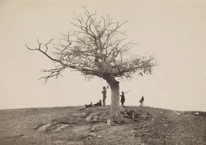 Framed Print : US Civil War. Battle of Antietam, also called Battle of Sharpsburg, Sept. 17, 1862. Five Union soldiers near a single grave under a tree, that of Pvt