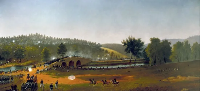 Framed Print : US Civil War. Battle of Antietam, also called Battle of Sharpsburg, Sept. 17, 1862. A CRUCIAL DELAY, a painting by Captain James Hope, of the 2nd Vermont Infantry, c. 1865-1880 Framed Print : US Civil War. Battle of Antietam, also called Battle of Sharpsburg, Sept. 17, 1862. A CRUCIAL DELAY, a painting by Captain James Hope, of the 2nd Vermont Infantry, c. 1865-1880