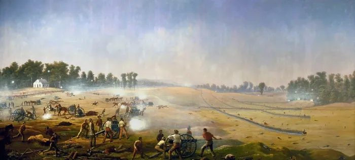 Framed Print : US Civil War. Battle of Antietam, also called Battle of Sharpsburg, Sept. 17, 1862. ARTILLERY HELL, a painting by Captain James Hope, of the 2nd Vermont Infantry