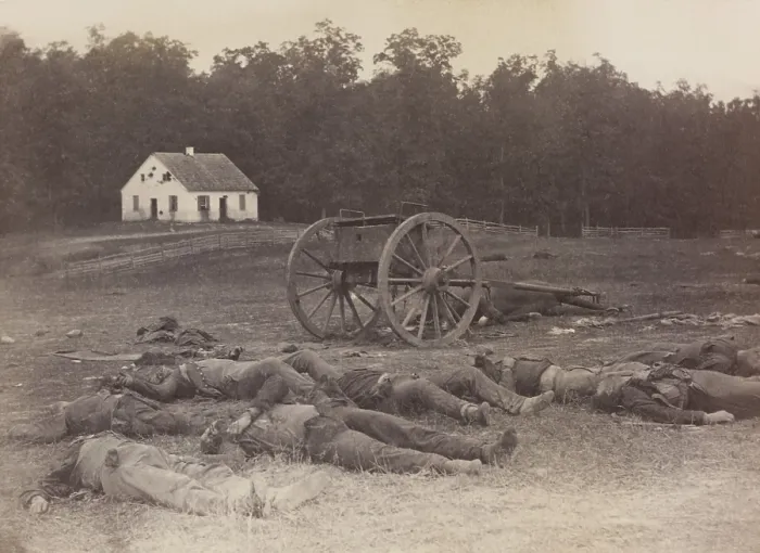 Framed Print : US Civil War. Battle of Antietam, also called Battle of Sharpsburg, Sept. 17, 1862. Dead Confederate artillery lay around their battery near the Dunker Church Framed Print : US Civil War. Battle of Antietam, also called Battle of Sharpsburg, Sept. 17, 1862. Dead Confederate artillery lay around their battery near the Dunker Church