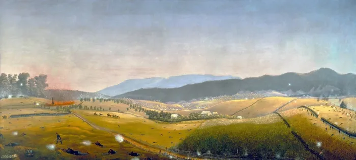Framed Print : US Civil War. Battle of Antietam, also called Battle of Sharpsburg, Sept. 17, 1862. A FATEFUL TURN, a painting by Captain James Hope, of the 2nd Vermont Infantry Framed Print : US Civil War. Battle of Antietam, also called Battle of Sharpsburg, Sept. 17, 1862. A FATEFUL TURN, a painting by Captain James Hope, of the 2nd Vermont Infantry