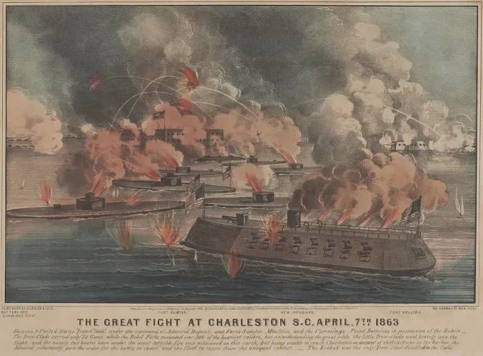 Framed Print : US Civil War. Battle of Charleston, April 7, 1863. This popular Currier & Ives print show the Union naval assault against Confederate the harbor defenses by nine ironclads