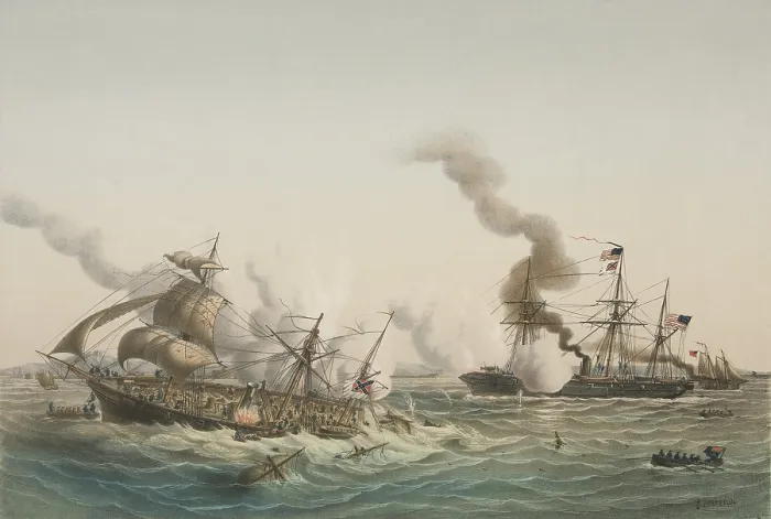 Framed Print : US Civil War. Battle of Cherbourg. Combat between the USS Kearsarge and the CSS Alabama, on June 19, 1864, nine miles off Cherbourg, France Framed Print : US Civil War. Battle of Cherbourg. Combat between the USS Kearsarge and the CSS Alabama, on June 19, 1864, nine miles off Cherbourg, France