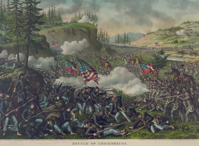 Framed Print : US Civil War. Battle of Chickamauga, Sept. 19, 1863. Confederate line advances from right toward Union troops Framed Print : US Civil War. Battle of Chickamauga, Sept. 19, 1863. Confederate line advances from right toward Union troops