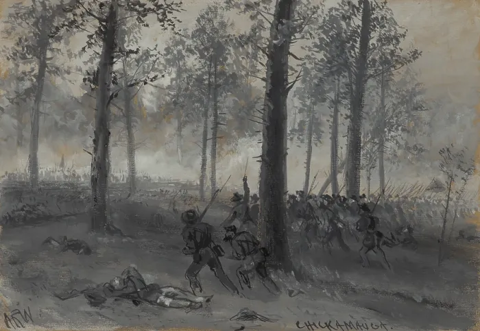 Framed Print : US Civil War. Battle of Chickamauga, Sept. 19, 1863. Confederate line advancing through forest toward Union troops at twilight, Sept 19, 1863 Framed Print : US Civil War. Battle of Chickamauga, Sept. 19, 1863. Confederate line advancing through forest toward Union troops at twilight, Sept 19, 1863