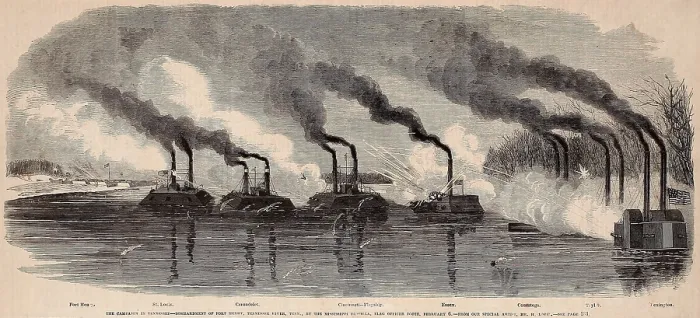Framed Print : US Civil War, Battle of Fort Henry, Tennessee, Feb. 6, 1862. Union gunboats bombard Fort Henry on the Tennessee River