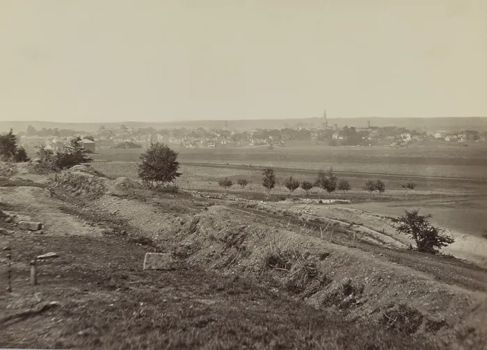 Framed Print : US Civil War, Battle of Fredericksburg, Dec. 13, 1862. View from southeast of Fredericksburg battleground with Confederate fortifications visible in foreground