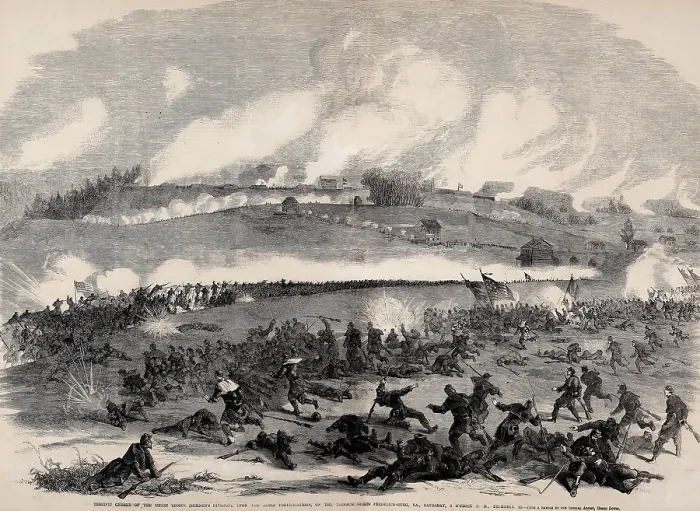 Framed Print : US Civil War, Battle of Fredericksburg, Dec. 13, 1862. Charge of Union General Edwin Sumner on Confederate fortifications, on the terrace behind Fredericksburg, 3 PM