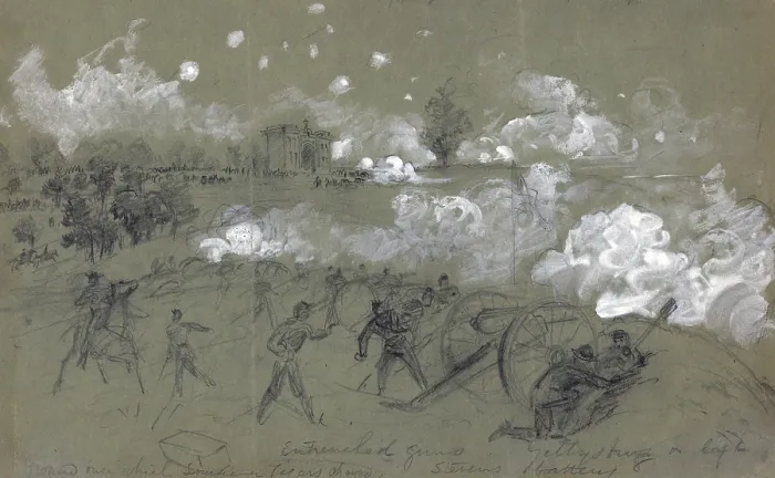 Framed Print : The Civil War. The Battle of Gettysburg. 5th Maine Light Artillery on Cemetary Hill prior to Picketts Charge. A.R. Waud. 1863 Framed Print : The Civil War. The Battle of Gettysburg. 5th Maine Light Artillery on Cemetary Hill prior to Picketts Charge. A.R. Waud. 1863