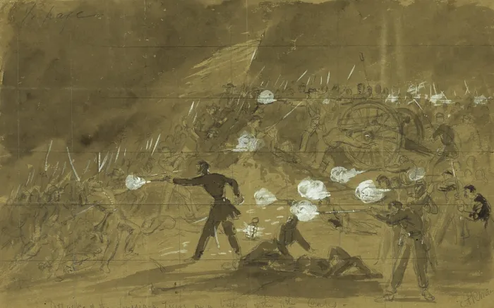 Framed Print : The Civil War. The Battle of Gettysburg. Attack of the Louisiana Tigers on a battery of the 11th Corps / A.R. Waud. 1863 Framed Print : The Civil War. The Battle of Gettysburg. Attack of the Louisiana Tigers on a battery of the 11th Corps / A.R. Waud. 1863