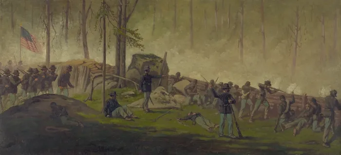 Framed Print : US Civil War. Battle of Gettysburg, Culps Hill, July 3, 1863. Union soldiers behind breastworks on Culps Hill, during the 7 hour battle, on the morning of July 3rd