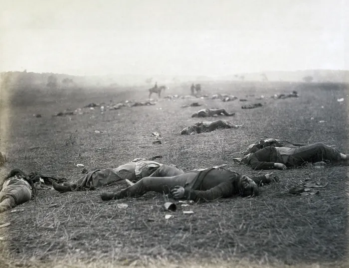 Framed Print : The Civil War. The Battle of Gettysburg. Incidents of the war. A harvest of death, Gettysburg, PA. Dead Federal soldiers on battlefield. by Timothy H. O'Sullivan. 1863
